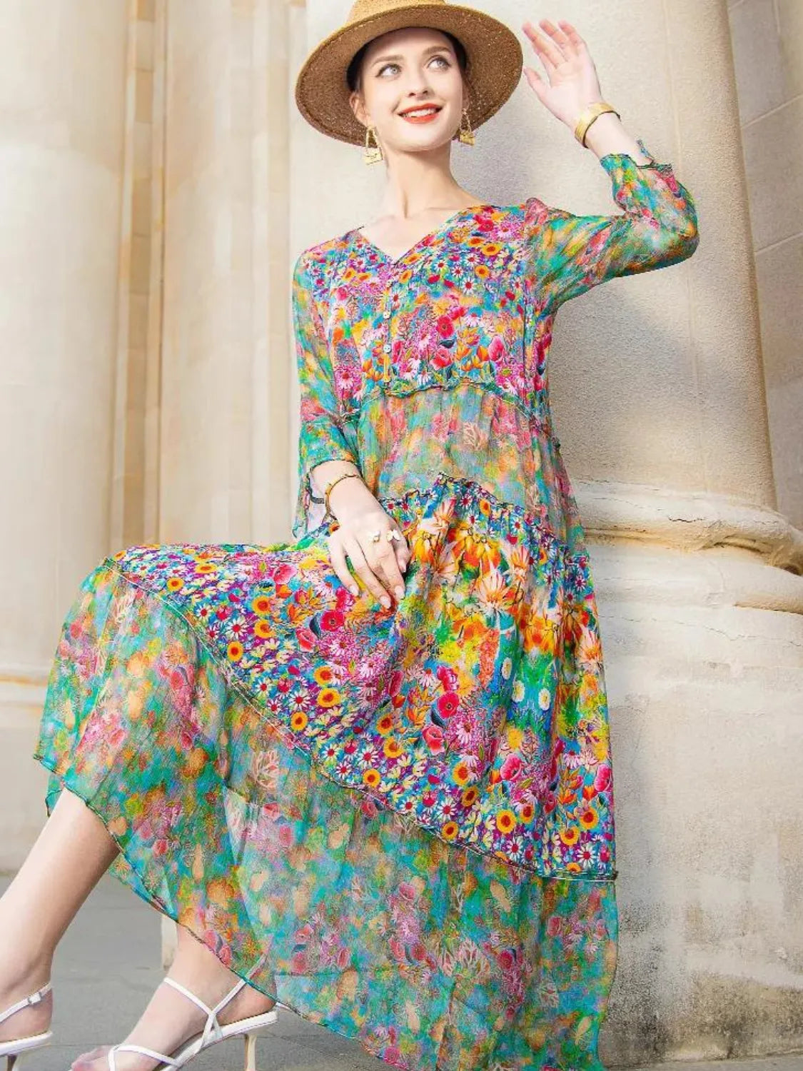 Vestido Feminino Midi Estampado Floral Primavera- Fresquinho e Elegante