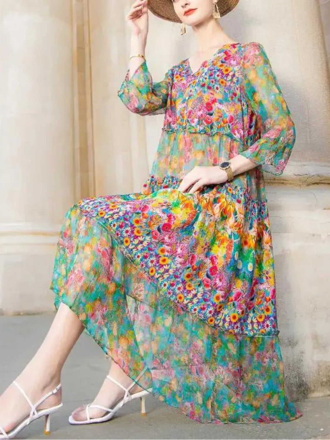 Vestido Feminino Midi Estampado Floral Primavera- Fresquinho e Elegante