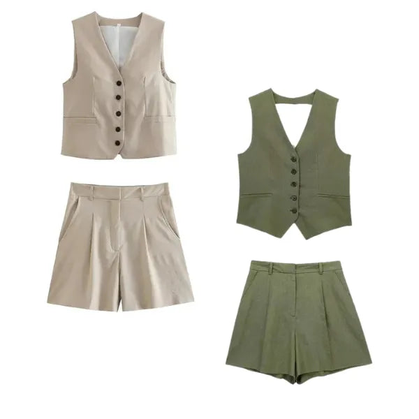 Conjunto Feminino Carolina em Alfaiataria - Colete e Shorts no Linho (Promoção Compre 1 Leve 2) +Frete Grátis