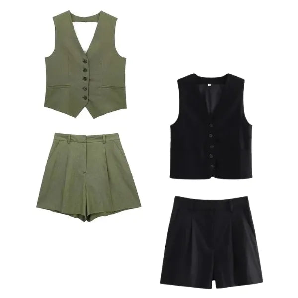 Conjunto Feminino Carolina em Alfaiataria - Colete e Shorts no Linho (Promoção Compre 1 Leve 2) +Frete Grátis
