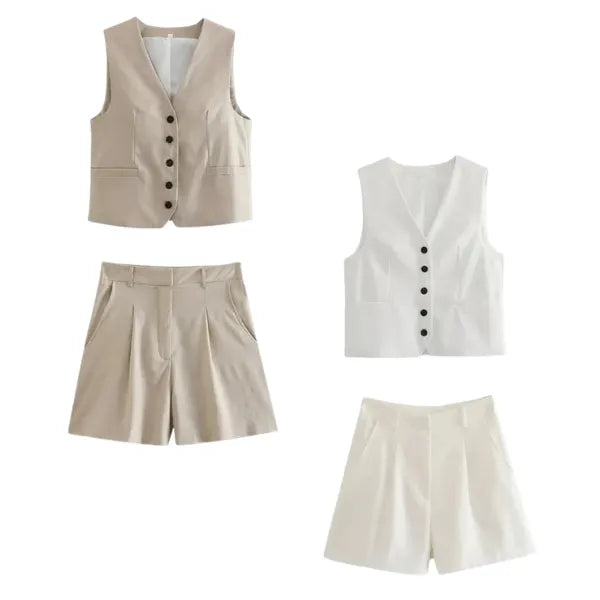 Conjunto Feminino Carolina em Alfaiataria - Colete e Shorts no Linho (Promoção Compre 1 Leve 2) +Frete Grátis