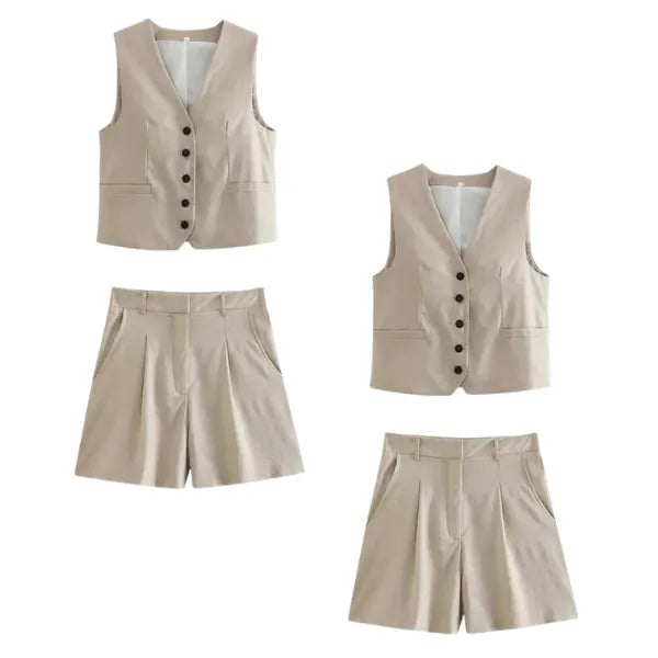 Conjunto Feminino Carolina em Alfaiataria - Colete e Shorts no Linho (Promoção Compre 1 Leve 2) +Frete Grátis