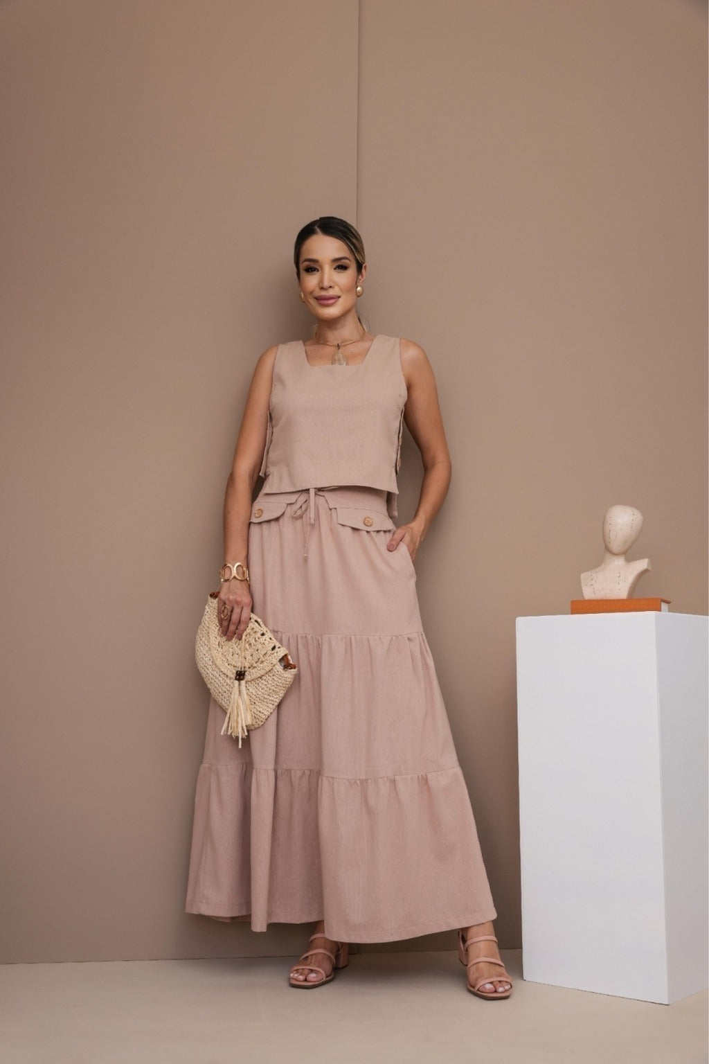 Conjunto Feminino Luiza- Saia longa e Regata com Botões em linho