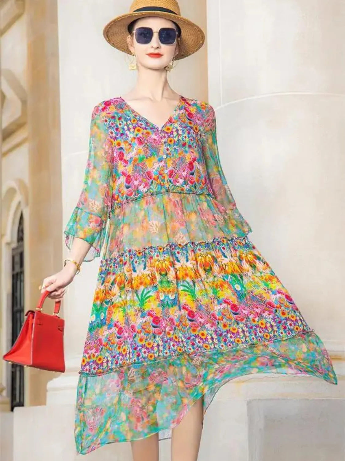 Vestido Feminino Midi Estampado Floral Primavera- Fresquinho e Elegante