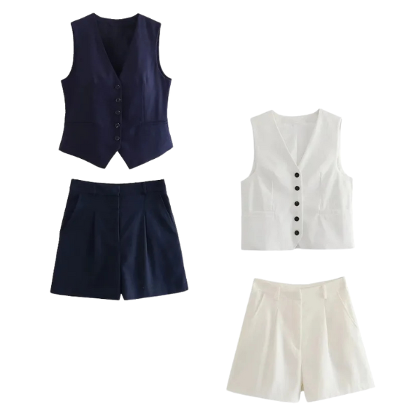 Conjunto Feminino Carolina em Alfaiataria - Colete e Shorts no Linho (Promoção Compre 1 Leve 2)