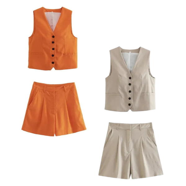 Conjunto Feminino Carolina em Alfaiataria - Colete e Shorts no Linho (Promoção Compre 1 Leve 2)