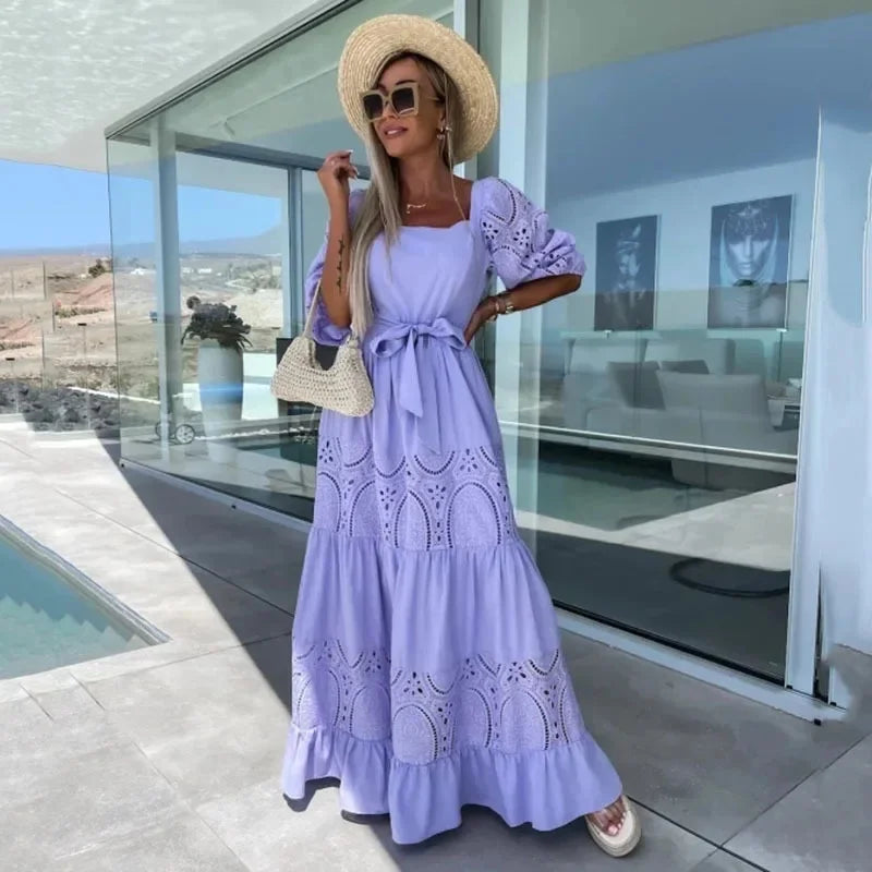 Vestido de Renda Bianca - Longo de Manga Curta- Ideal para todas as ocasiões