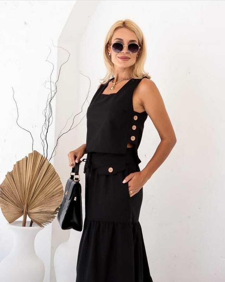 Conjunto Feminino Luiza- Saia longa e Regata com Botões em linho