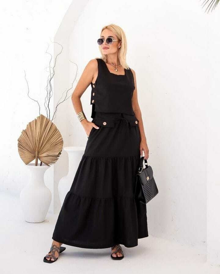Conjunto Feminino Luiza- Saia longa e Regata com Botões em linho