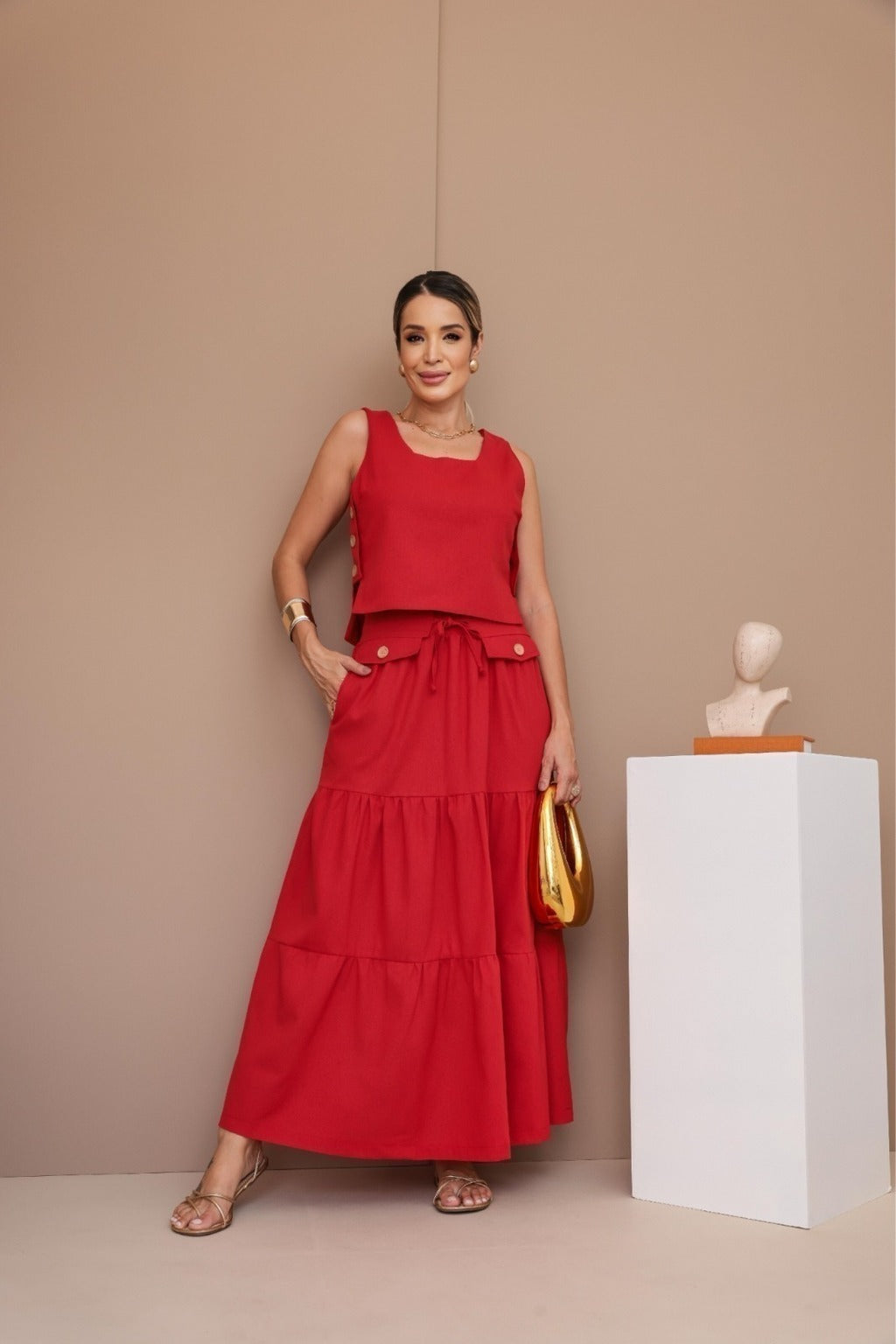 Conjunto Feminino Luiza- Saia longa e Regata com Botões em linho