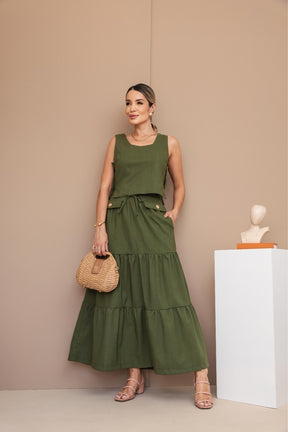 Conjunto Feminino Luiza- Saia longa e Regata com Botões em linho